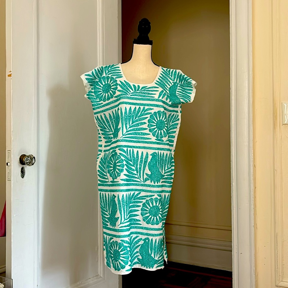 Mexican cotton dress with turquoise blue embroidery one size fits most